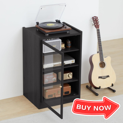 _LEVNARY Media Cabinet with Door, Black 5-Tier Stereo Cabinet with Adjustable Shelves